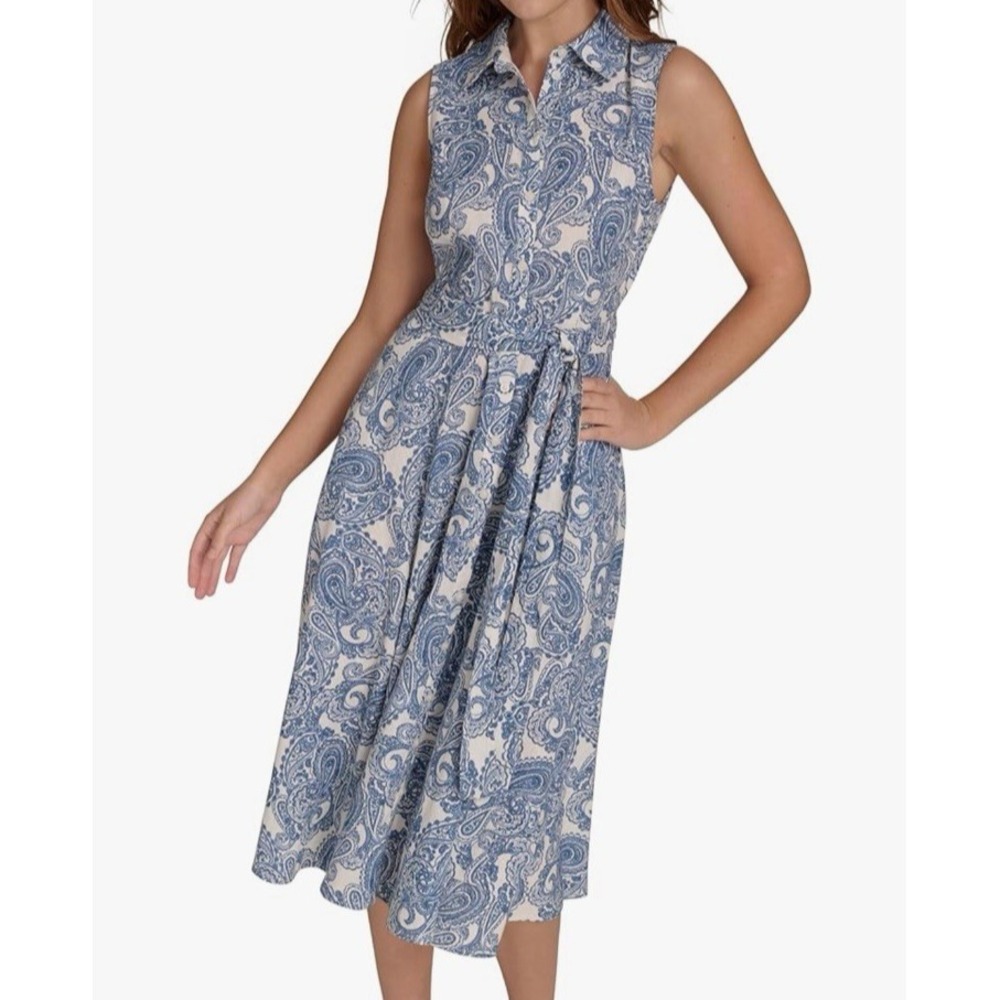 Tommy Hilfiger Womens Paisley Cotton Linen Sleeveless Shirt Dress Blue White 10